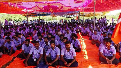 Samsung workers take part in a strike demanding higher wages and better working conditions at Sriperumbudur, Tamil Nadu.