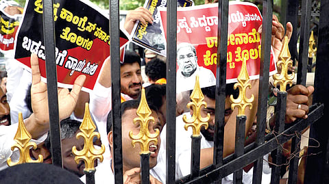 BJP Yuva Morcha workers protest in Bengaluru on Wednesday