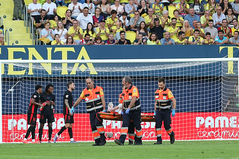 Barcelona's goalkeeper Marc-Andre ter Stegen being removed from the pitch on a stretcher after an injury during a La Liga match against Villarreal at the La Cerámica stadium in Villarreal, Spain.