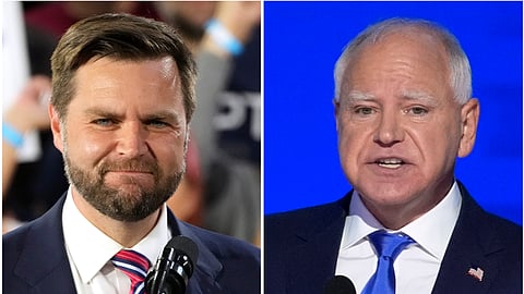 This combination of images shows Republican vice presidential nominee Sen. JD Vance, R-Ohio, at left in Erie, Pa., Aug. 28, 2024, and Democratic vice presidential candidate Minnesota Gov. Tim Walz speaking at the DNC in Chicago, Aug. 21, 2024, in Chicago. 