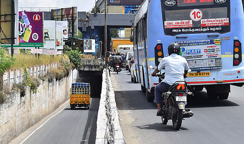 The underpass routes of Avinashi Road old flyover without height barriers at the entrance from Brookfields road in Coimbatore.