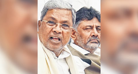 CM Siddaramaiah addresses the media after the Karnataka High Court’s verdict, as DCM DK Shivakumar looks on, in Bengaluru on Tuesday 