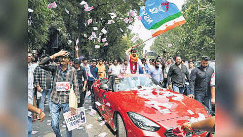Supporters of an NSUI candidate rally at North Campus in New Delhi on Wednesday.