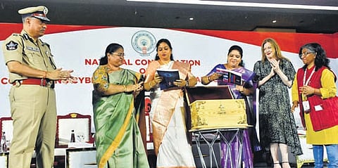 Home Minister V Anitha, Women and Child Welfare Minister Sandhya Rani, DGP Ch Dwaraka Tirumala Rao at the CEHT conference in Vijayawada 