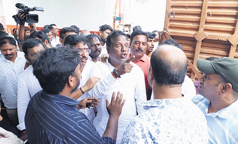 Heated arguments (left) and jostling (right) appeared to be the order of the day at Chaitanyapuri in Hyderabad on Friday as residents of structures on the riverbed obstructed authorities from conducting the survey for the implementation of the Musi Riverfront Development Project. Similar scenes were witnessed along the course of the river 