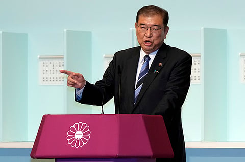 Shigeru Ishiba speaks before a runoff election at the Liberal Democratic Party's (LDP) leadership election Friday, Sept. 27, 2024, at the party headquarters in Tokyo.