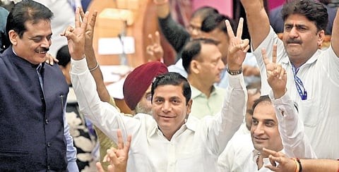 BJP’s Sunder Singh Tanwar after Standing Committee poll on Friday. 
