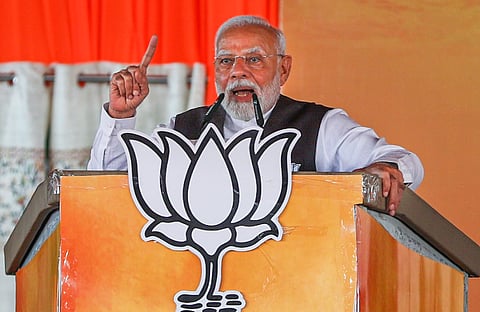 PM Modi addressing an election rally at the Maulana Azad Stadium, in Jammu, Saturday.