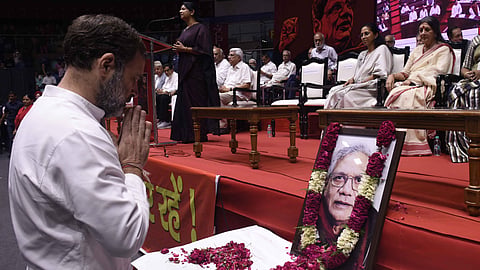 Congress leader Rahul Gandhi paying tribute to Late CPI (M) General Secretary Secretary Sitaram Yechuri during a prayer meeting, in New Delhi on Saturday. 
