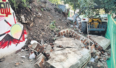 Parapet wall of Perambur railway station which collapsed killing a man while he was urinating on Saturday in Chennai