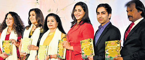 Lakshmi Murdeshwar Puri (third from left), wife of Union Minister Hardeep Singh Puri, at the release of her debut novel ‘Swallowing the Sun’ in Bengaluru on Sunday. Author Anita Nair, entrepreneur Gitanjali Kirloskar, sportpersons 
Anju Bobby George, Pankaj Advani and Dhanraj Pillai look on 