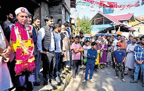 NC candidate Farooq Ahmad Shah at a rally in Tangmarg, Baramulla district.
