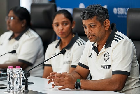 Coach Amol Muzumdar (right) with captain Harmanpreet Kaur in pre-departure press conference 