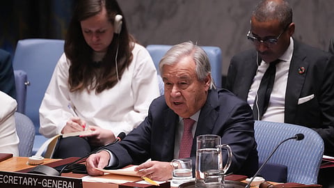 UN Secretary General António Guterres looks on at a Security Council meeting on the situation in the Middle East at the United Nations headquarters on October 2, 2024, in New York.