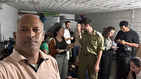 A man from Nizamabad, Telangana takes shelter along with others inside a bunker in Tel Aviv after Iran’s missile attack on Israel on Tuesday night