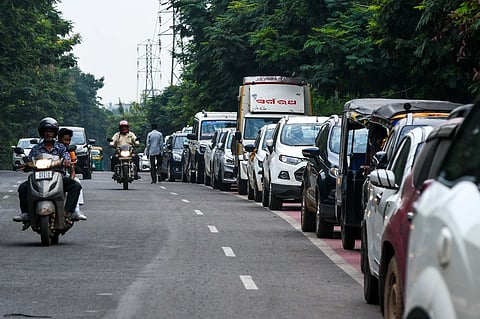 Illegal parking on Sachivalaya Marg near Apollo Hospital at Achary Vihar in Bhubaneswar on Thursday. 
