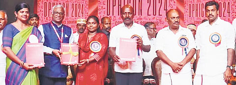 Health Minister Ma Subramanian releasing a souvenir at the third international conference on public health in Thanjavur on Thursday