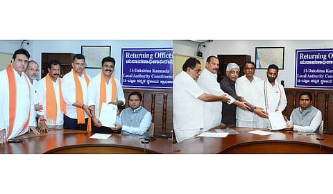 BJP candidate Kishore Kumar Puttur (L) and Congress candidate Raju Poojary (R) file nomination papers for MLC seat election from Dakshina Kannada Local Authorities Constituency to Returning Officer Mullai Muhilan M.P on Thursday.