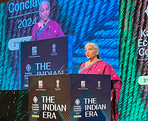 Union Finance Minister Nirmala Sitharaman addresses the third edition of Kautilya Economic Conclave (KEC 2024), in New Delhi.