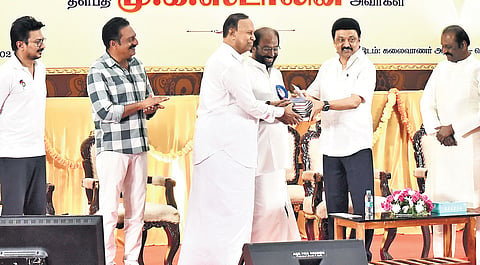 Chief Minister MK Stalin releasing books authored by DMK’s RS floor leader Tiruchy Siva  at Kalaivanar Arangam in Chennai on Saturday