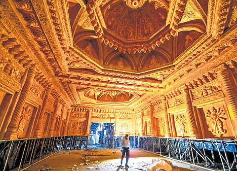 Workers engaged in construction of the pandal at Rasulgarh in Bhubaneswar 
