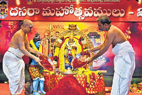 Goddess Kanaka Durga appeared as Annapurna Devi on the third day of Dasara festivities atop Indrakeladri in Vijayawada on Saturday 