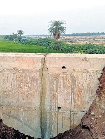 A view of the patched alignment wall on the under-construction bridge in the Bommakal area, situated on the outskirts of Karimnagar, on Sunday