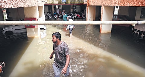 Flooded Kendriya Vihar apartment after Saturday night’s rain 