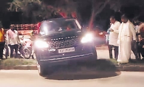 Screengrab showing the car belonging to Janardhana Reddy jumping the median in Gangavathi on Saturday 