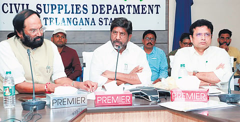 Deputy Chief Minister Mallu Bhatti Vikramarka, Irrigation Minister N Uttam Kumar Reddy and  IT & Industries Minister D Sridhar Babu at a meeting of the Cabinet sub-committee on paddy procurement in Hyderabad on Wednesday