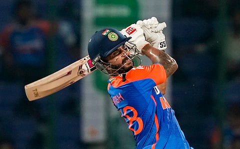 Nitish Kumar Reddy plays a shot during the second T20 International against Bangladesh (Photo | PTI)