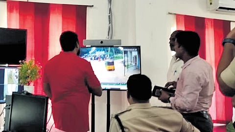 Police personnel analyse CCTV 
footage from areas adjacent to the hospital in Sangareddy on Wednesday.