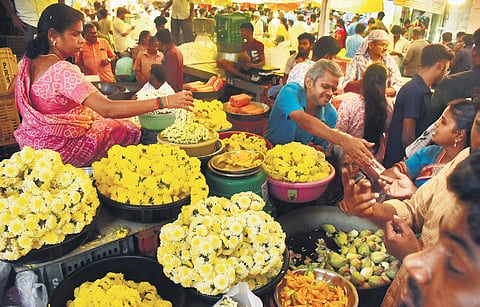 Heavy rush at a flower market in Coimbatore on Thursday 