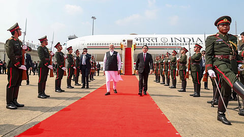 Prime Minister Narendra Modi arrivs in Vientiane and welcomed by Minister of Home Affairs Vilayvong Bouddakham