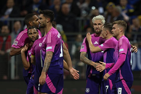 German players celebrate after a goal during the Nations League soccer match between Bosnia and Germany in Zenica, Bosnia and Herzegovina, on Friday, Oct. 11, 2024.