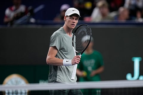 Jannik Sinner of Italy reacts during the men's singles semifinals match against Machac of the Czech Republic in the Shanghai Masters tennis tournament at Qizhong Forest Sports City Tennis Center in Shanghai, China, Saturday, Oct. 12, 2024. 