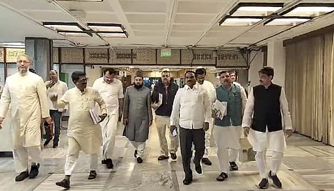 Opposition MPs after boycotting the meeting of the Joint Parliamentary Committee on Waqf Amendment Bill, in New Delhi. 