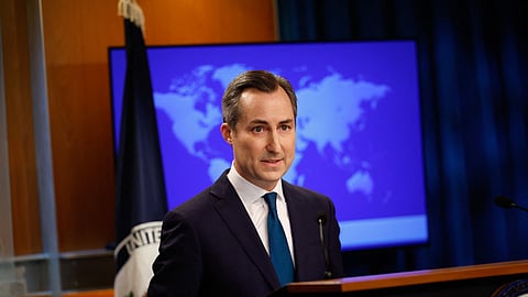 US Department of State Spokesperson Matthew Miller speaks during in a press briefing at the State Department in Washington, DC.