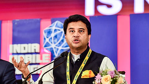 Union Communications Minister Jyotiraditya Scindia addresses a press conference on India Mobile Congress and World Telecommunication Standardization (WTSA) 2024, in New Delhi on Tuesday.