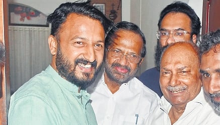 Congress veteran A K Antony greets Palakkad UDF candidate Rahul Mamkoottathil as the latter visited him at his house in Thiruvananthapuram on Wednesday 