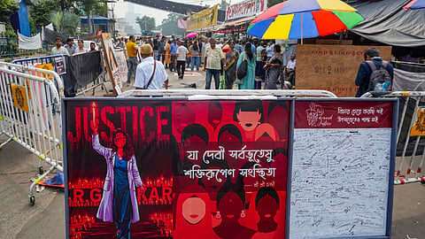  View of the 'dharna manch' where junior doctors are staging hunger strike over the alleged rape and murder of a trainee doctor, in Kolkata, West Bengal.