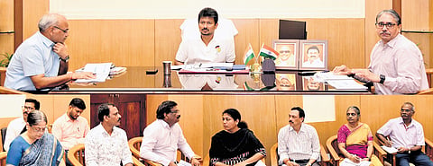 Deputy Chief Minister Udayanidhi Stalin chairing a review meeting on the activities of the Project and Development Department on Thursday 