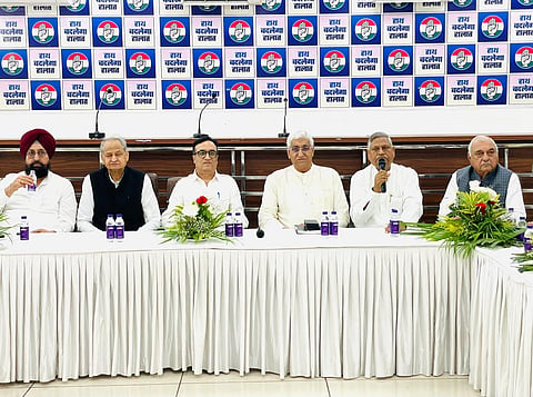 Top Congress leaders -- former Rajasthan chief minister Ashok Gehlot, AICC treasurer Ajay Maken, Punjab CLP leader Partap Singh Bajwa, and T S Singh Deo -- at the meeting convened by Haryana Congress Legislature Party (CLP). 