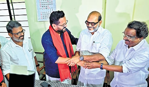P Sarin with senior CPM leaders A K Balan, N N Krishnadas, and E N Suresh Babu at the party district committe office in Palakkad on Friday