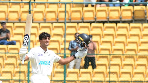 Rachin Ravindra after scoring his century in the first Test against India 
