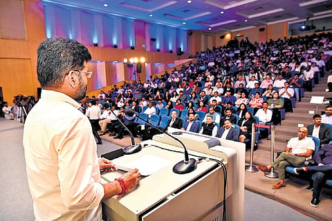 Chief Minister A Revanth Reddy delivers the keynote address at the ISB Leadership Summit -2024 at the Indian School of Business (ISB) in Gachibowli on Sunday