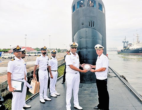 Southern Naval Command Chief Staff Officer (Operations) Commodore Sarvpreet Singh welcomes Russian submarine Commanding Officer Captain Andrey Barkov on arrival at Kochi Naval Base on 
Monday