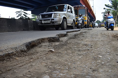 Bad roads and Potholes near Alvenia School at Tiruchy road in Coimbatore.