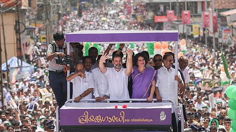 Leader of Opposition in Lok Sabha Rahul Gandhi and Congress leader Priyanka gandhi Vadra at a roadshow at Kalpetta in Wayanad before filing nomination papers. 