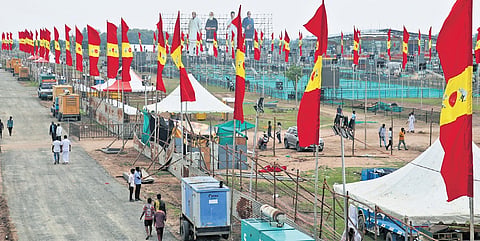 Arrangements being carried out at the venue of Tamilaga Vettri Kazhagam’s state  conference on V Salai in Vikravandi